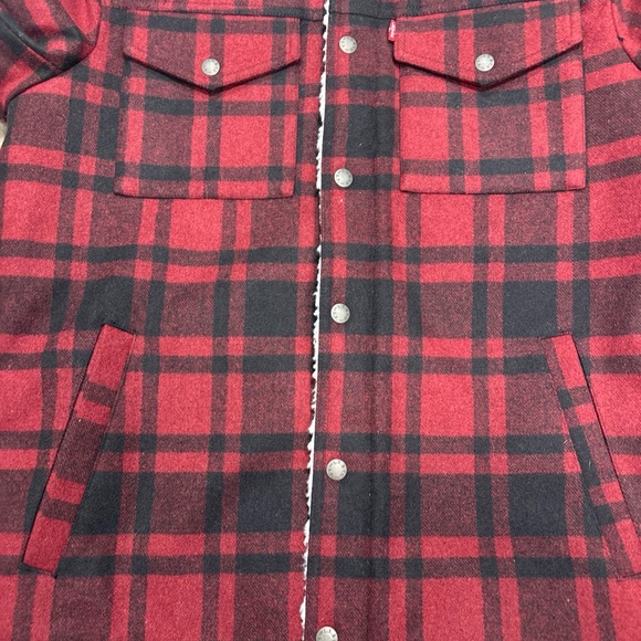 Levi's Cherry Plaid Trucker Wool Blend Sherpa Jacket Mens Size Small Warm - Picture 4 of 9